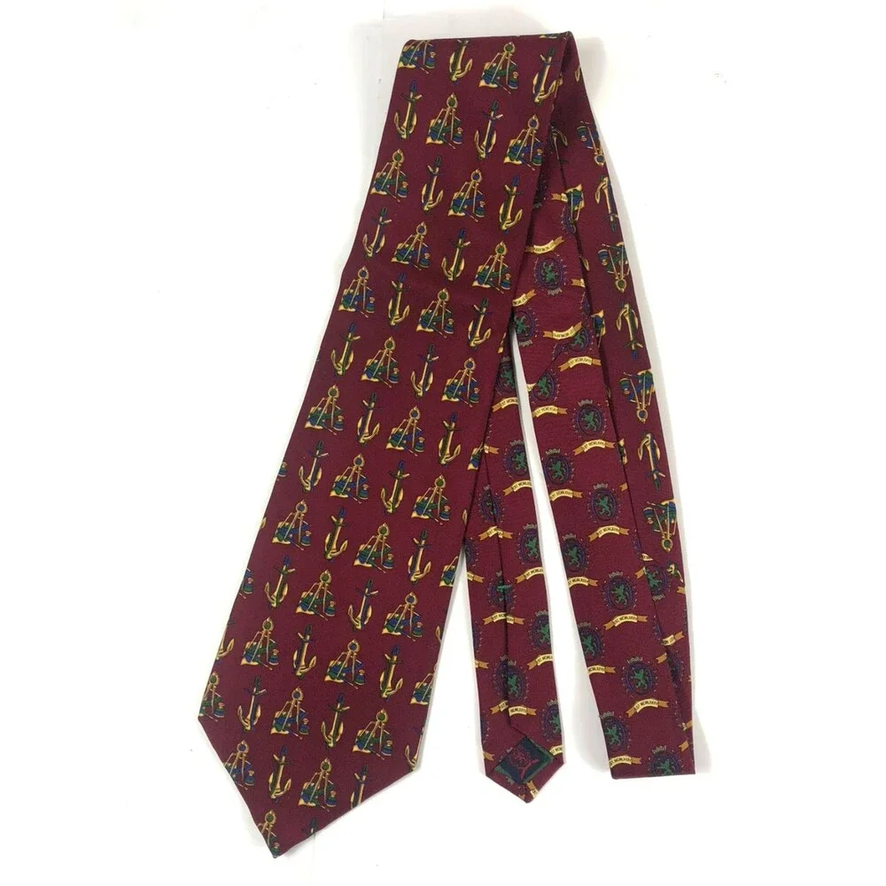 Tommy Hilfiger Silk Tie Maroon Nautical Crest Anchor Compass Print Made in USA